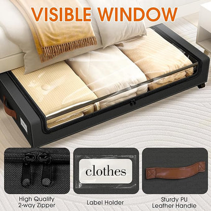SpaceHacks Under Bed Storage with Wheels 3Pack Storage Containers with Clear Window&Label Under Bed Drawers Rolling Under Bed Storage for Clothes,Shoes, Blankets (30.71 x 16.93 x 6.69 in, Black)