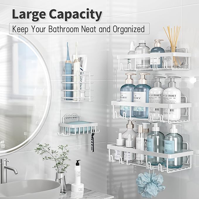 Liuoud 10 Pack Shower Caddy Organizer Rack Shelf for Inside Shower, Self Adhesive Wall Storage Basket Rustproof Stainless Steel Shampoo Holder Bathroom Accessory Decor Set, White