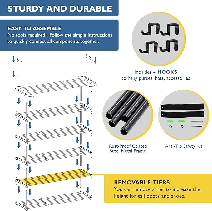 Sundaze Shoe Rack - 6 Tier Metal Shoe Rack for Front Door Entrance, Sturdy Tall Shoe Organizer for Closet, Bedroom, Entryway, Garage, Black Metal Shoe Shelf, Holds Up to 30 Pairs