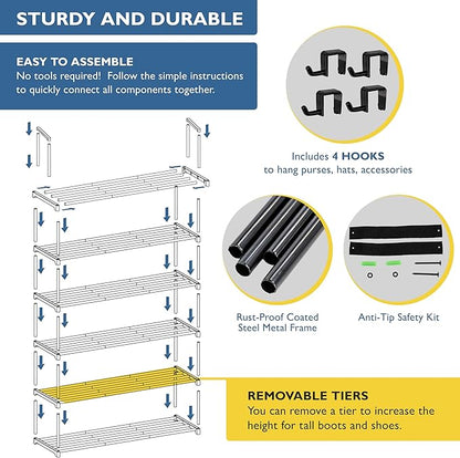Sundaze Shoe Rack - 6 Tier Metal Shoe Rack for Front Door Entrance, Sturdy Tall Shoe Organizer for Closet, Bedroom, Entryway, Garage, Black Metal Shoe Shelf, Holds Up to 30 Pairs
