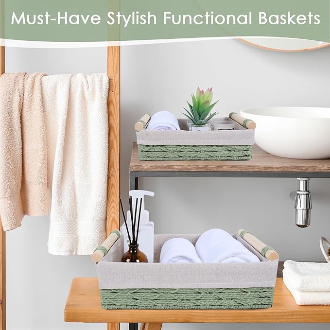 Wicker Storage Basket with Wooden Handle – Paper Rope Decorative Toilet Paper Baskets & Bathroom Organizer for Toilet Tank Top, Shelves, Bedroom, Countertop,Home,Office Storage Bins, 2 Pack,Sage Green