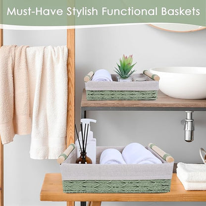 Wicker Storage Basket with Wooden Handle – Paper Rope Decorative Toilet Paper Baskets & Bathroom Organizer for Toilet Tank Top, Shelves, Bedroom, Countertop,Home,Office Storage Bins, 2 Pack,Sage Green