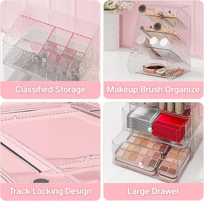 3 Tier Makeup Organizer for Vanity with Brush Holder Countertop Organizer with 2 Drawers Clear Makeup Storage for Brushes, Lipsticks, Face Mask Skin Care Storage Solution for Women & Teens