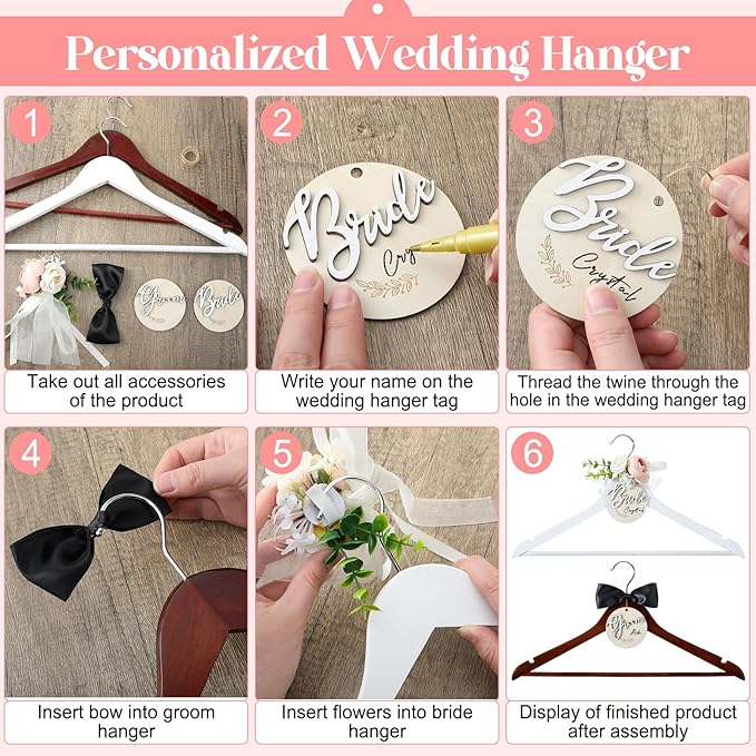 FillTouch 2 Pack Bride Hanger for Wedding Dress Elegant Bride and Groom Gowns Hanger for Wedding Supplies Bridal Party Shower Gift(Pink)