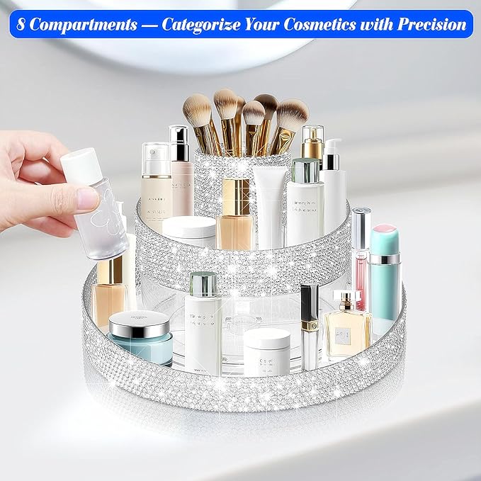 Bling 360 Rotating Makeup Organizer,Shiny Lazy Susan Cosmetic Storage Turntable for Skincare,Perfume & Lipstick,Glitter Round Spinning Tray with Brush Holder for Vanity,Bathroom (10"L x 10"W)