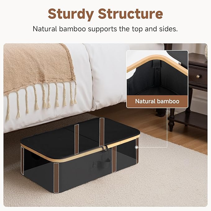 StorageWorks Underbed Storage Containers with Lids, 2-Pack 7" Low Profile Under Bed Storage Box with Bamboo Frame for Clothes, Bedding, Blankets and Shoes, 42L Sturdy Fabric Organizer, Black
