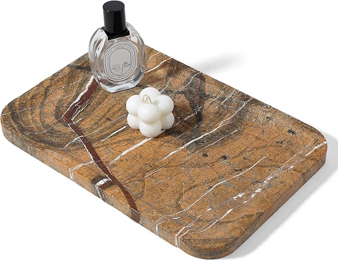 Koville Marble Tray, 12"x8" Natural Marble Vanity Tray for Countertop Bathroom Kitchen Dresser, Decorative Catchall Trays for Perfume Jewelry, Rectangular Stone Serving Tray(Rainforest Gold)
