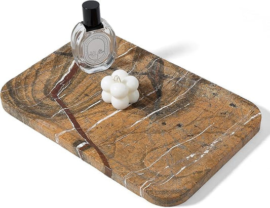 Koville Marble Tray, 12"x8" Natural Marble Vanity Tray for Countertop Bathroom Kitchen Dresser, Decorative Catchall Trays for Perfume Jewelry, Rectangular Stone Serving Tray(Rainforest Gold)