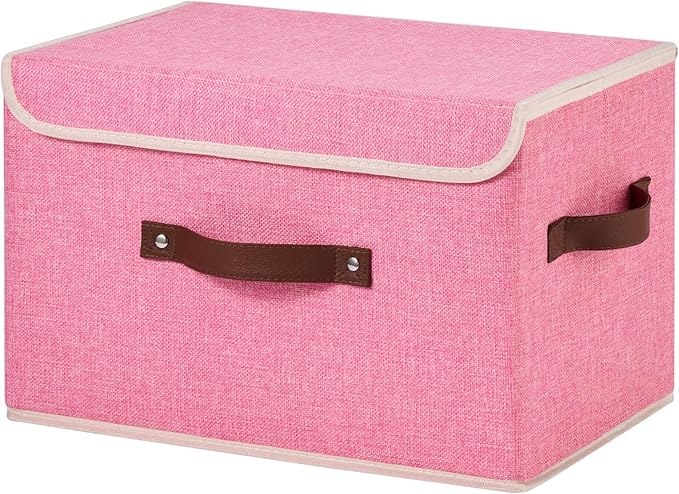Storage Bins Box with Lids Decorative Cotton Linen Fabric Baskets Cubes with Handles PP Plastic Board Foldable Washable Lidded Clothing Shelf Closet Organizer Container (Pink, Large)
