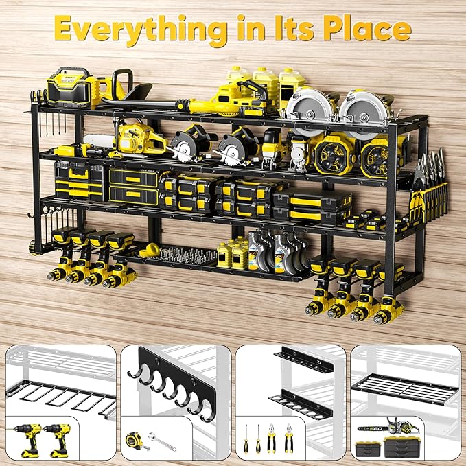 POKIPO Extra Large 64" W Power Tool Organizer Wall Mount, 1000 lbs Load Capacity, Heavy Duty 4 Tier Garage Storage Rack with 8 Drill Holders, 2 in 1 Corner or Straight Installation