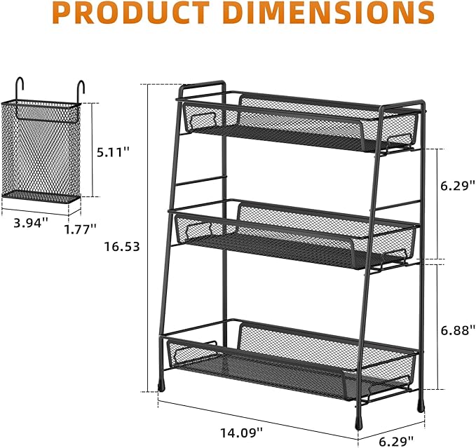 VITVITI 3-Tier Bathroom Organizer Countertop, Metal Wire Mesh Bathroom Counter Organizer Storage with Basket Hooks, Vanity Tray Shelf, Kitchen Spice Rack (Black)