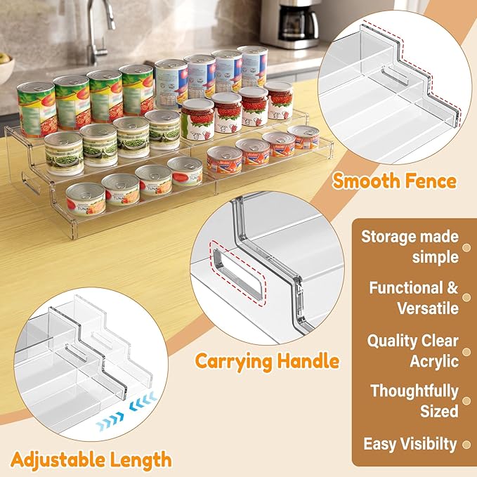 Yecuip Expandable Can Rack Organizer for Pantry, 3-Tier Adjustable Can Storage Holder, Holds Up to 24 Cans, Acrylic Canned Food Organizer for Cabinet, Countertop, Kitchen