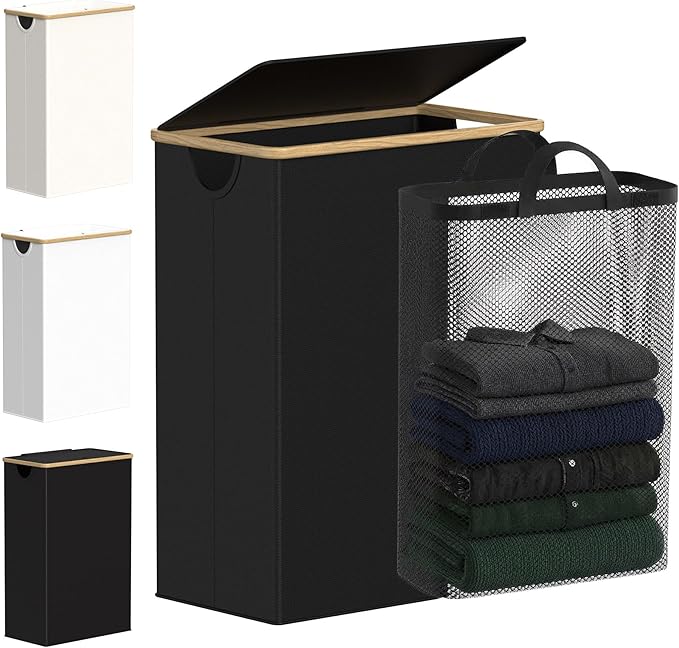 efluky Slim Laundry Basket with Lid, Narrow Laundry Hamper with Removable Bag, Skinny Dirty Clothes Basket with Bamboo Handles for Bathroom, Bedroom & Laundry Room, 65L Black