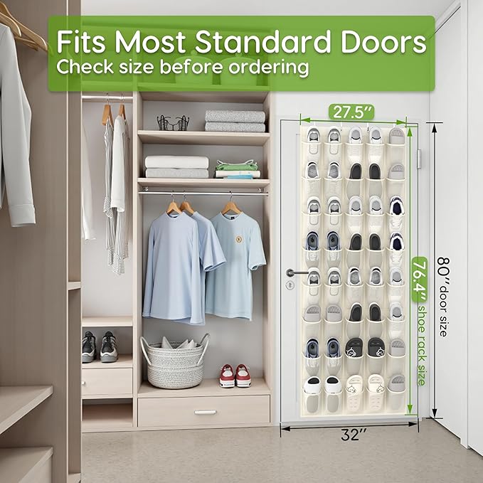 Over the Door Shoe Organizer with 40 Large Breathable Mesh Pockets, Space Saving Shoe Holder, Hanging Shoe Rack for Entryway Bedroom Closet Storage (Beige, 40 Pockets)