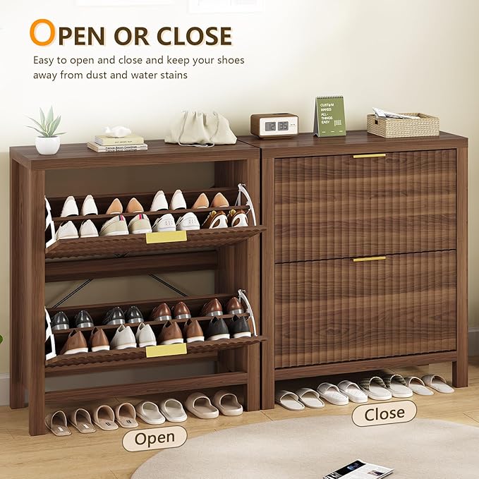 YOMILUVE Shoe Cabinet Storage for Entryway, Fluted Shoe Cabinet with 2 Flip Drawers, Hidden Shoe Rack Tall Freestanding Shoe Organizer with Legs for Hallway, Walnut