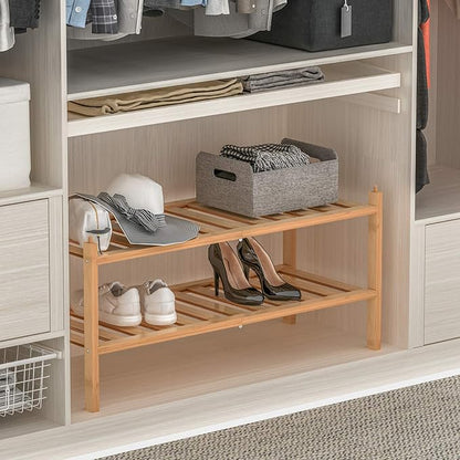 Dranixly Shoe Rack, 2-Tier Bamboo Stackable Shelf Storage Organizer, Stand for Closet, Entryway, Hallway, Bathroom and Living Room（Natural）