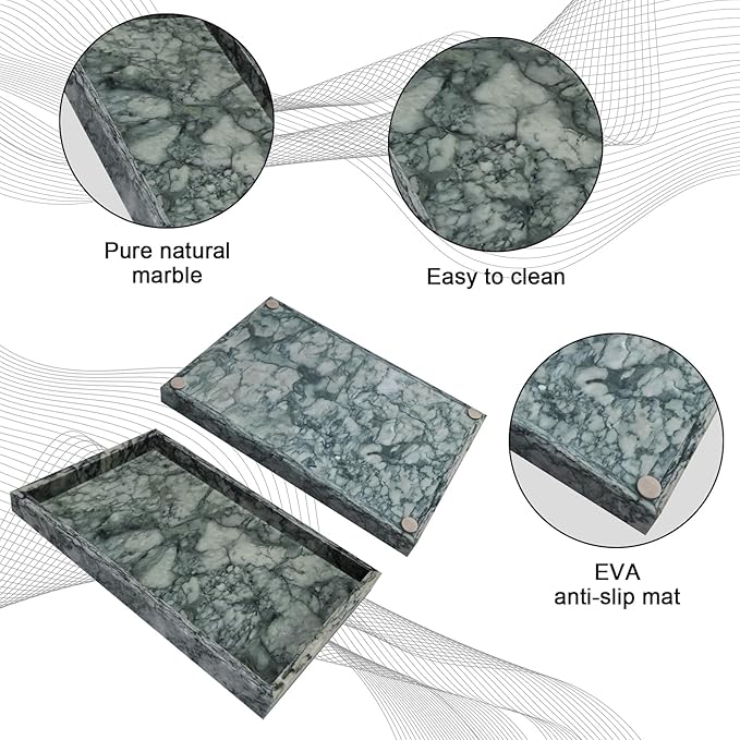 Pure Natural Marble Tray for Bathroom, Dresser, Sink. Cosmetics, toiletries, perfumes, Jewelry, Candles, etc. can be Placed (Lotus Green, 12" x 8" x 1.2")