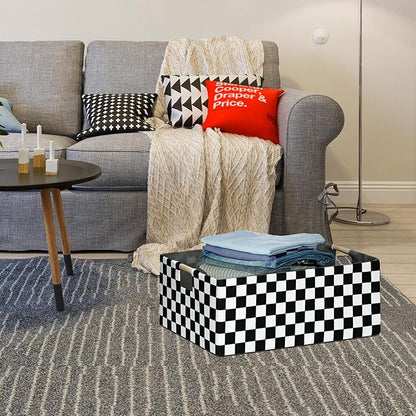 Checkered Storage Basket Foldable Nursey Box | 16.9" Storage Cube for Women Closet Organizer Boys Car Toys Bins with Handles | Sturdy Cardboard & Washable Fabric 2Pack
