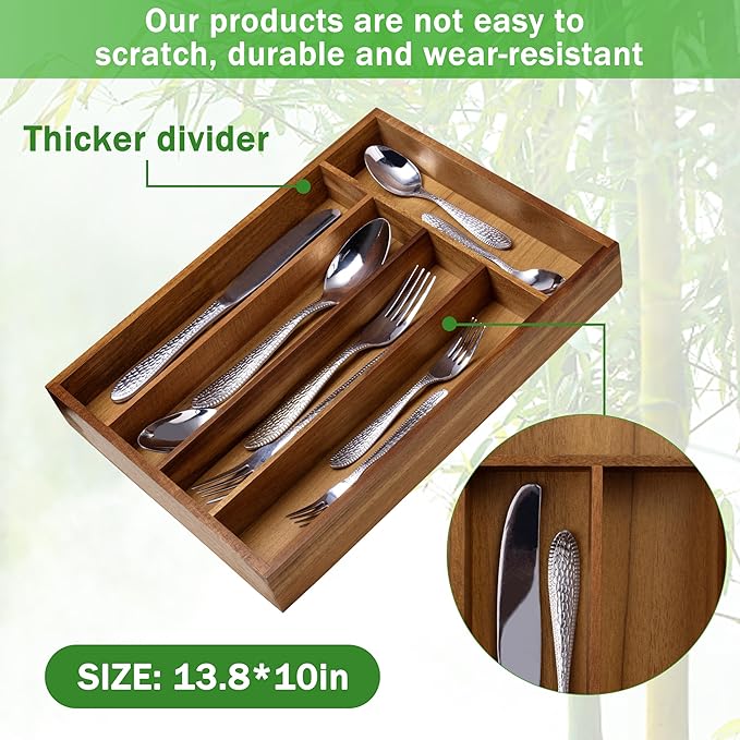 Greenual Acacia Wood Silverware Organizer 10 In Utensil Organizer Silverware Tray for Drawer Cutlery Flatware Organizer for Kitchen