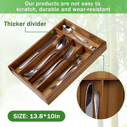 Greenual Acacia Wood Silverware Organizer 10 In Utensil Organizer Silverware Tray for Drawer Cutlery Flatware Organizer for Kitchen