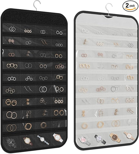 2 Pack Hanging Jewelry Organizer 80-Pocket Dual-sided Jewelry Storage for Earring Necklace Bracelet Ring Travel Holder, Black and White