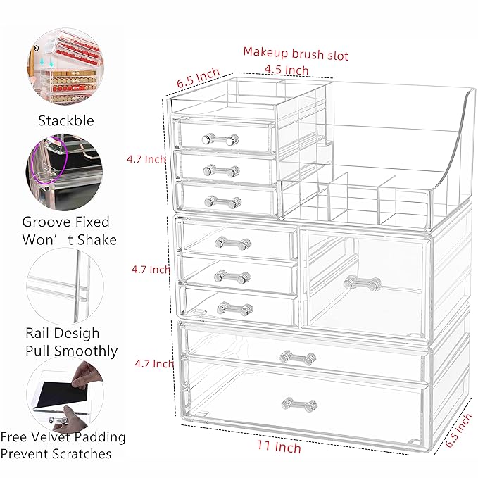 Cq acrylic Makeup Organizer With 9 Drawers,Large Capacity Countertop Organizer for Vanity,Bathroom and Bedroom Desk Cosmetics Organizer for Skin Care,Brushes, Eyeshadow, Lotions, Lipstick, Nail Polish