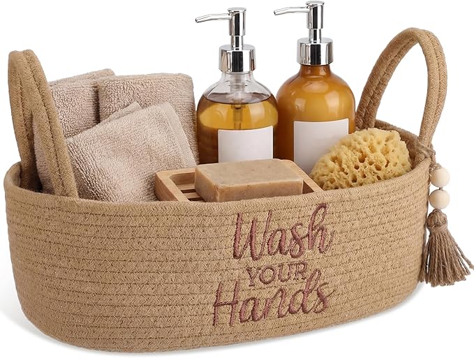 Wash Your Hands Bathroom Decoration Brown Cotton Rope Toilet Basket Toilet Paper Holder Basket Rustic Bathroom Organizer Farmhouse Home Decoration Organizing Small Baskets