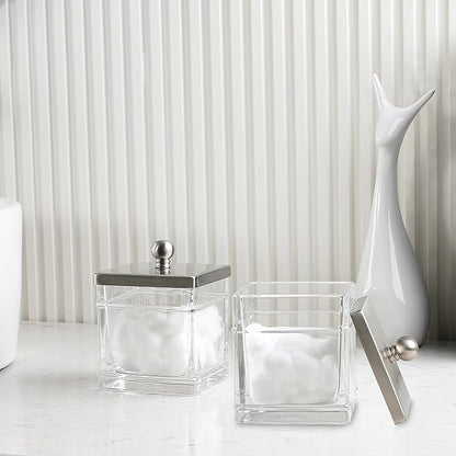 Glass Cotton Jar Holder 2 Pack– Satin Nickel Lid, Elegant Bathroom Storage Canister for Qtips, Cotton Balls, Floss, Makeup Organizer, Vanity & Bathroom Organization
