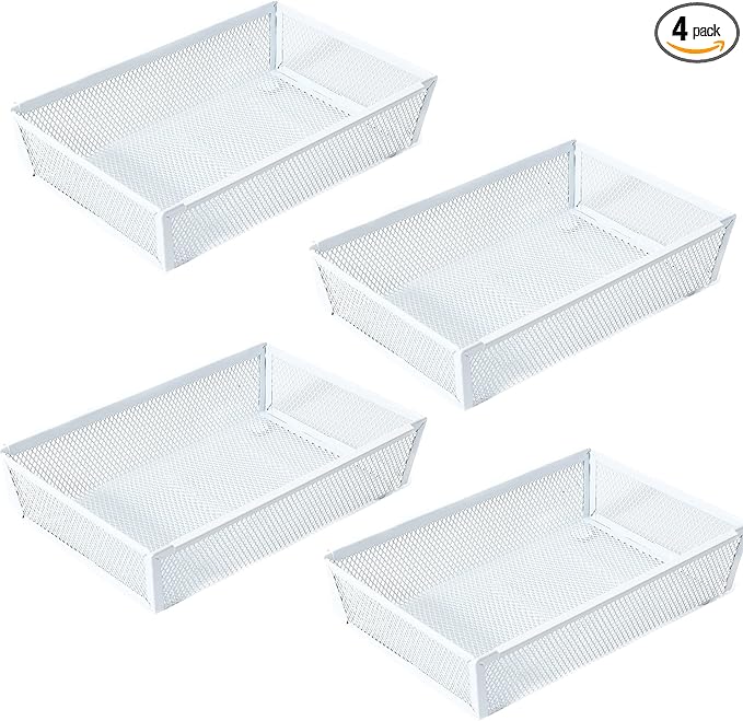 Mesh Tray Kitchen Drawer Utensil Cutlery Tray Office Supplies with Inter-locking Arm Drawer Dividers Organizer for Silverware, Flatware, Home,Office, School,Bedroom(9＂X6＂4pack) White