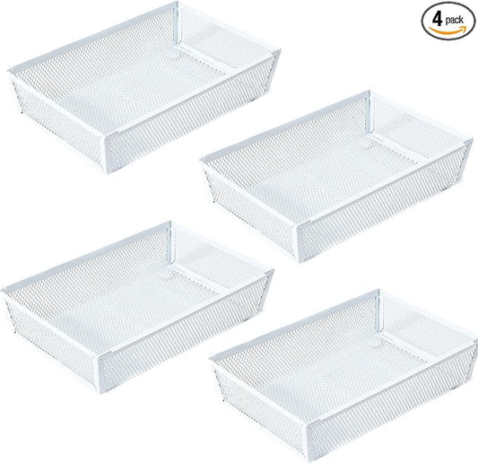 Mesh Tray Kitchen Drawer Utensil Cutlery Tray Office Supplies with Inter-locking Arm Drawer Dividers Organizer for Silverware, Flatware, Home,Office, School,Bedroom(9＂X6＂4pack) White