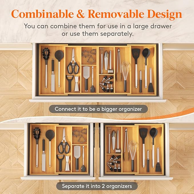 Lifewit Expandable Utensil Organizer for Kitchen Drawer, Adjustable Cooking Silverware Tray, Plastic Cutlery Flatware Holder, Spatula Tools Gadgets Storage Divider, 21- 36 x 16, Bamboo, Natural