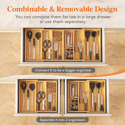 Lifewit Expandable Utensil Organizer for Kitchen Drawer, Adjustable Cooking Silverware Tray, Plastic Cutlery Flatware Holder, Spatula Tools Gadgets Storage Divider, 21- 36 x 16, Bamboo, Natural