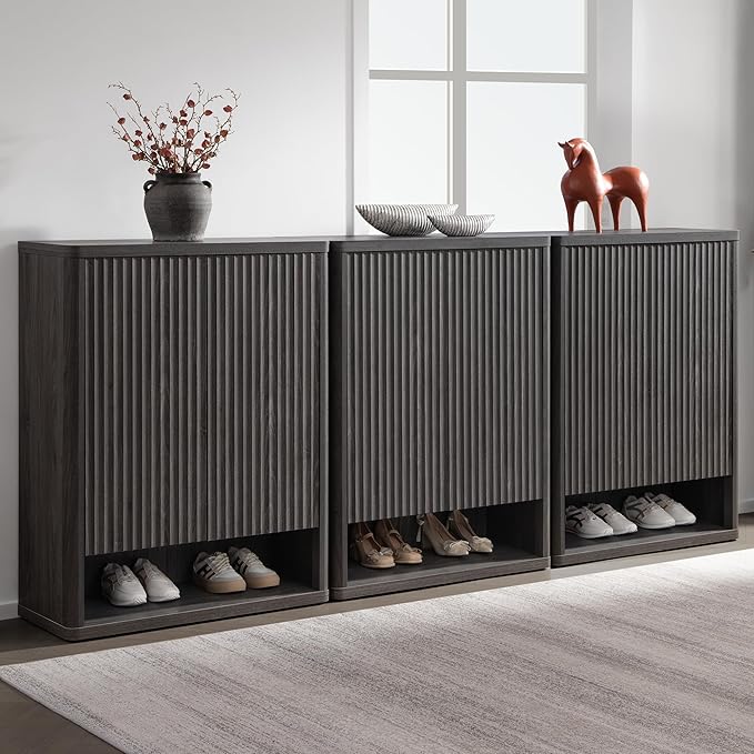 SICOTAS Shoe Cabinet 44 inch Tall Fluted Shoe Cabinet with Doors & 4 Shelves Wooden Large Hidden Shoe Storage Organizer Modern Free Standing 6-Tier Cabinet for Entryway Living Room Closet