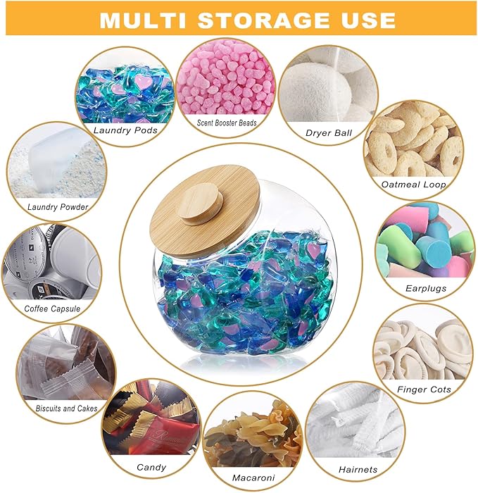 Sumnacon Laundry Pods Container with Wooden Lid, Wide Mouth Laundry Room Organization Containers Plastic Food Storage Jar for Pantry Versatile Candy Jar or Cookie Containers for Kitchen