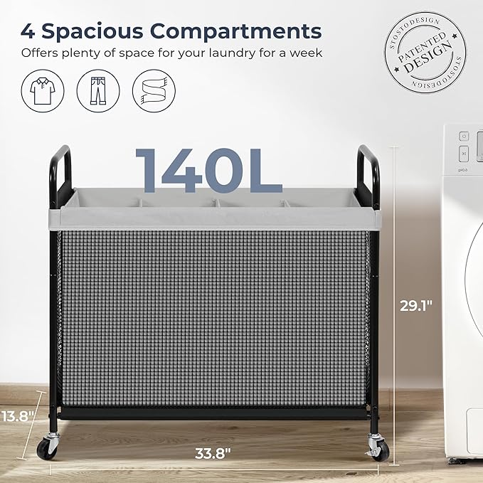 STO STO Laundry Hamper 4 Section, 140L Rolling Laundry Sorter Cart with Removable and Washable Liner Bag, Clothes Hamper with Wheels and Metal Handle for Laundry Room and Bedroom, Gray