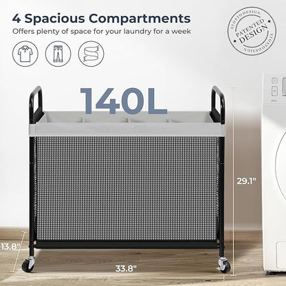 STO STO Laundry Hamper 4 Section, 140L Rolling Laundry Sorter Cart with Removable and Washable Liner Bag, Clothes Hamper with Wheels and Metal Handle for Laundry Room and Bedroom, Gray