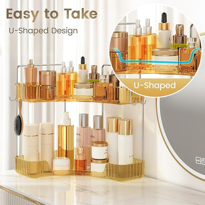 Golden Corner Counter Organizer, 2 - Tier Bathroom & Kitchen Storage Tray with Hooks | PET Vanity Organizer for Skincare, Makeup & Jewelry