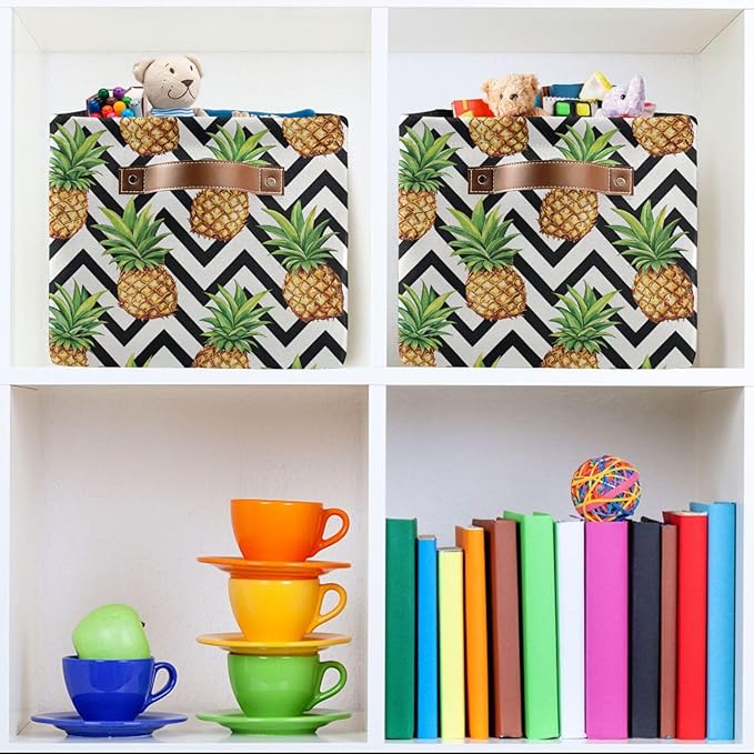 Pineapple Pattern Storage Basket Bin, Large Cube Storage Box Canvas Collapsible Storage Organizer for Home Office Closet - 15 L x 11 W x 9.5 H