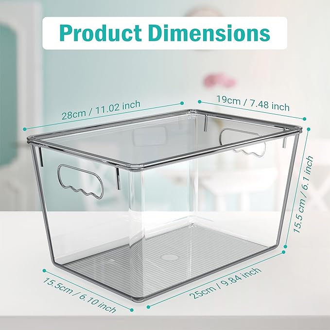 YAN & HIN 4 Pack Clear Storage Bins with Lids, Stackable Plastic Organizer Bins with Handles, Pantry Organizers and Storage for Kitchen Cabinet, Fridge, Bathroom, Closet and Shelf Organization