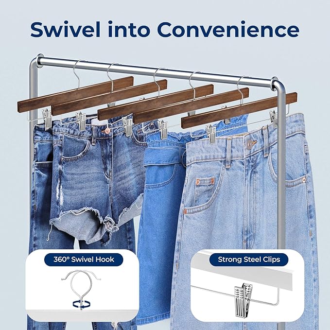 SereneLife 20 Pack Skirt and Pant Hanger with Adjustable Non-Slip Steel Clips, Premium Wooden, 360° Swivel Hook & 10 lb Capacity – Space-Saving Heavy-Duty Hangers for Jeans, Shorts & Slacks (Brown)