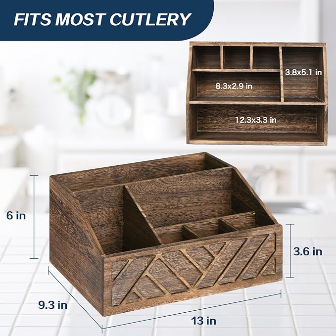 Ukonvi Paper Plate Dispenser, Paper Plate Holder for Kitchen Counter, Wood Rustic Silverware Utensil Caddy, Cutlery Flatware Organizer Box for Cups Spoons Forks Plates Napkins, Kitchen Accessories
