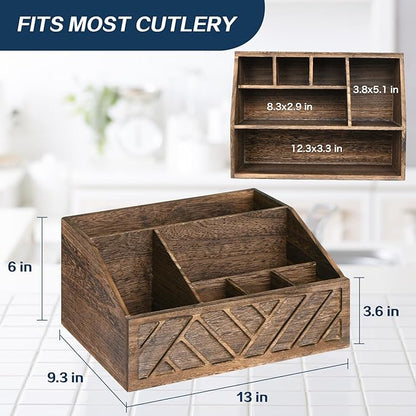 Ukonvi Paper Plate Dispenser, Paper Plate Holder for Kitchen Counter, Wood Rustic Silverware Utensil Caddy, Cutlery Flatware Organizer Box for Cups Spoons Forks Plates Napkins, Kitchen Accessories