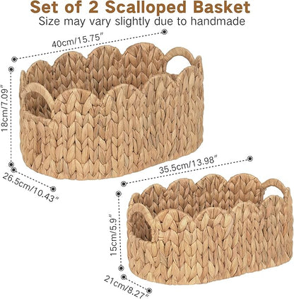iEGrow Scalloped Wicker Basket, Set of 2 Hand-Woven Natural Rattan Baskets with Built-in Handles, Water Hyacinth Storage Oval Cute Baby Baskets for Nursery, Organizing, Decor and Shelves