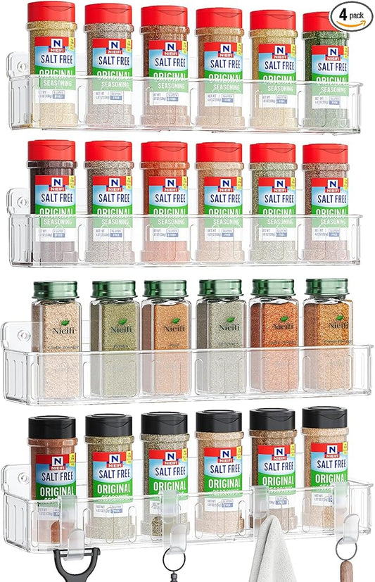 Nieifi Spice Rack Wall Mount, 4 Pack, Clear, 2 Inch Wide, Screw or Adhesive Installation, Spice Rack Organizer for Small Spice Jars, Suitable for Kitchen Cabinet or Pantry Door