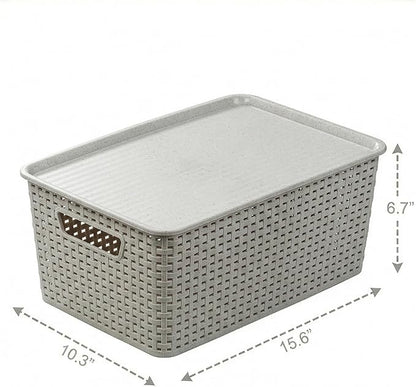 BINO | Plastic Storage Baskets with Lids, 15.5 Liter - 3 Pack, Natural Grey | THE WOVEN COLLECTION | Storage Basket for Shelves | Woven Storage Baskets for Organizing Bins | Pantry Shelf Organizer Bin