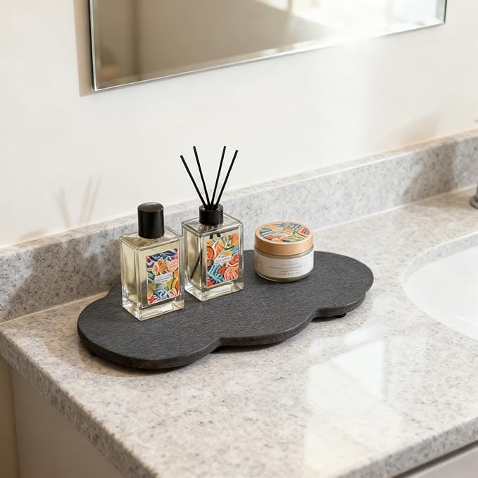 Water Absorbing Stone Tray Cute Cloud Shape, Instant Drying Sink Diatomite Coasters for Bathroom & Kitchen Counter Organizers, Dish Soap Dispenser Sponge Holder, 8 * 4inch, 1 Pcs (Dark Gray)