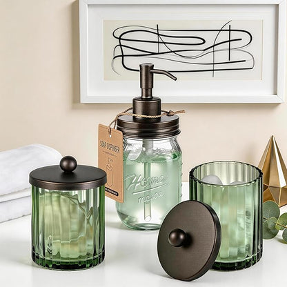 Amolliar Sage Green Glass Apothecary Jar With Metal Lid & Stickers, Bathroom Qtip Holder Dispenser for Cotton Swabs, Balls, Round Pads, Bath Salt, Floss, Countertop Canister Storage, Bronze 2 Pack