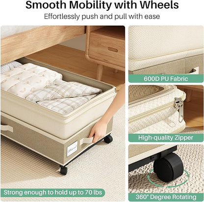 Kitstorack 4 Pack Height-adjustable Under Bed Storage with Wheels, Under Bed Storage Containers,Under Bed Shoe Storage Organizer with Clear Window&Label, Suitable for Clothes Storage, Beige & Linen