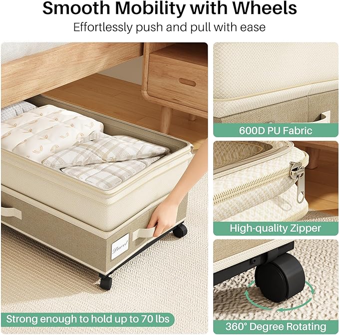 Kitstorack 2Pack Height-adjustable Under Bed Storage with Wheels, Under Bed Storage Containers,Under Bed Shoe Storage Organizer with Clear Window&Label, Suitable for Clothes Storage, Beige & Linen