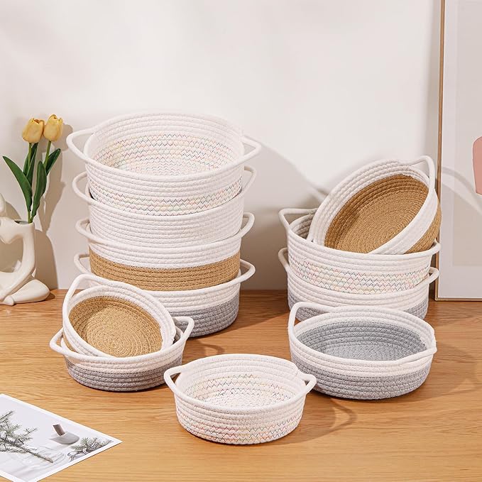 Small Storage Woven Baskets Shelves Natural Cotton Rope Bins with Handle Toilet Tank Paper for Countertop Cute Gifts Organizing Mini Nursery 5 Set box (White & Jute)